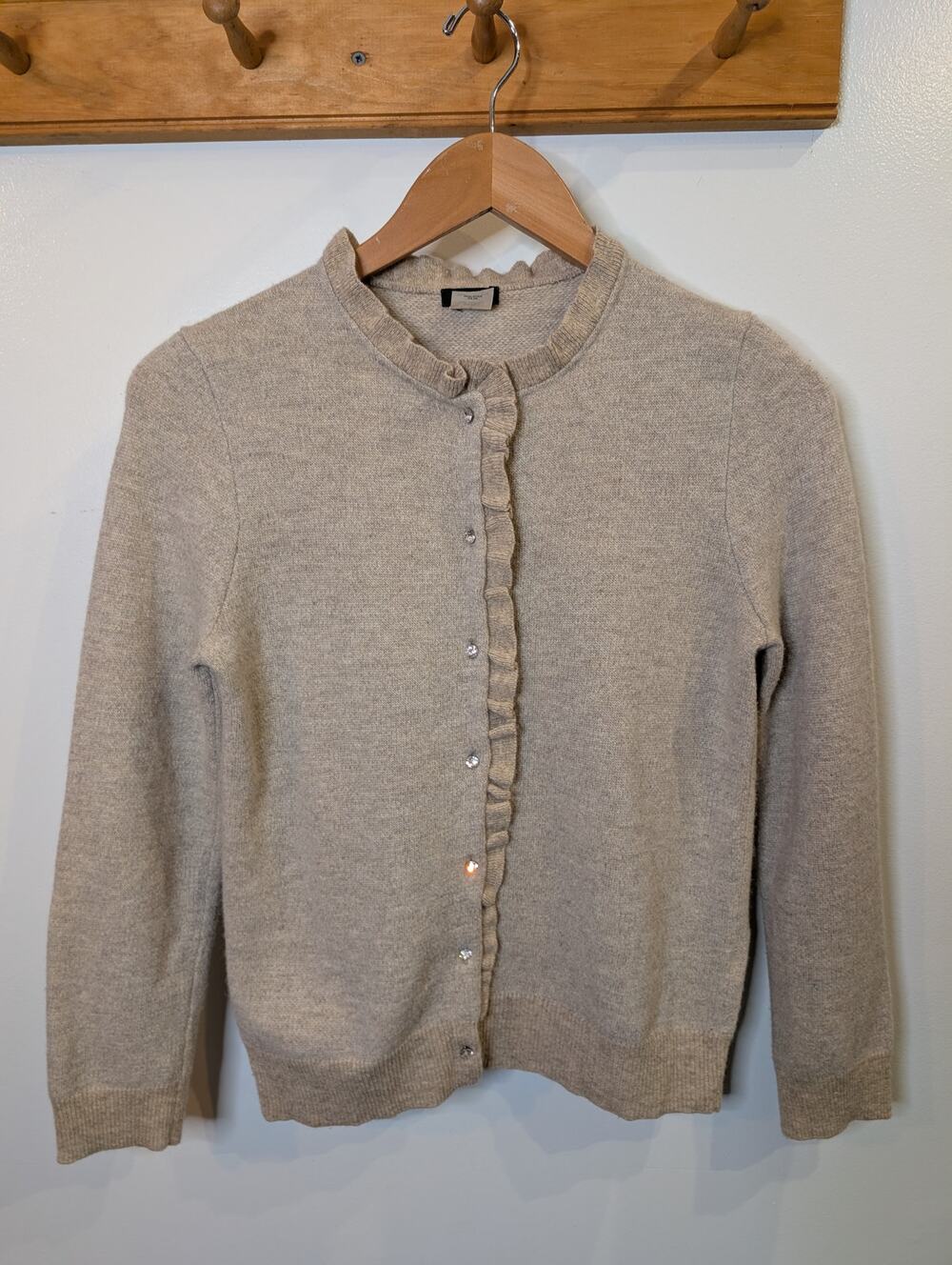 J.Crew Oatmeal Cashmere Blend Ruffle Trim Cardigan Feminine Coquette Small